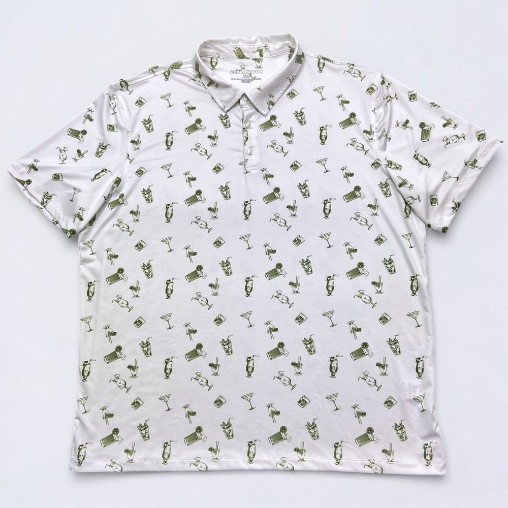Bearbottom Polo Shirt Men's 2XL White Green Cocktail Print Performance Golf